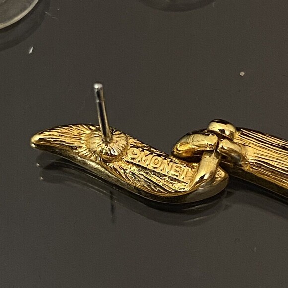 Monet Gold & White Rhinestone Feather Leaf Dangle Post Earrings - Picture 8 of 10